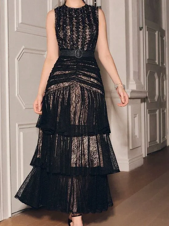 Black Elegant Women's Sleeveless Lace Layered Dress - Picture 7 of 7